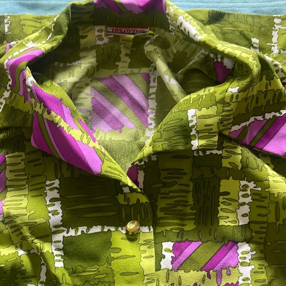 Pykettes Blouse Green Purple Vintage 60s 70s Mod Boho Hippie Retro Geometric